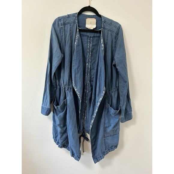 Hei Hei Anthropologie Linen Chambray Jacket Cascade Cardigan Open Blue Long SM - Picture 2 of 11